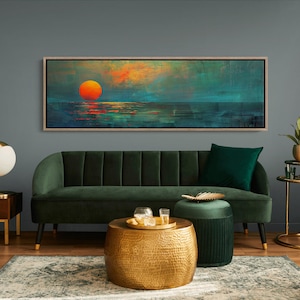 Sunset over the Emerald Green Ocean, Moody Panoramic Canvas Print, Minimal Horizontal Wall Art Vintage Painting Print - Boho Wall Art
