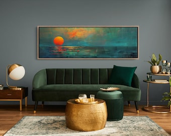 Sunset over the Emerald Green Ocean, Moody Panoramic Canvas Print, Minimal Horizontal Wall Art Vintage Painting Print - Boho Wall Art