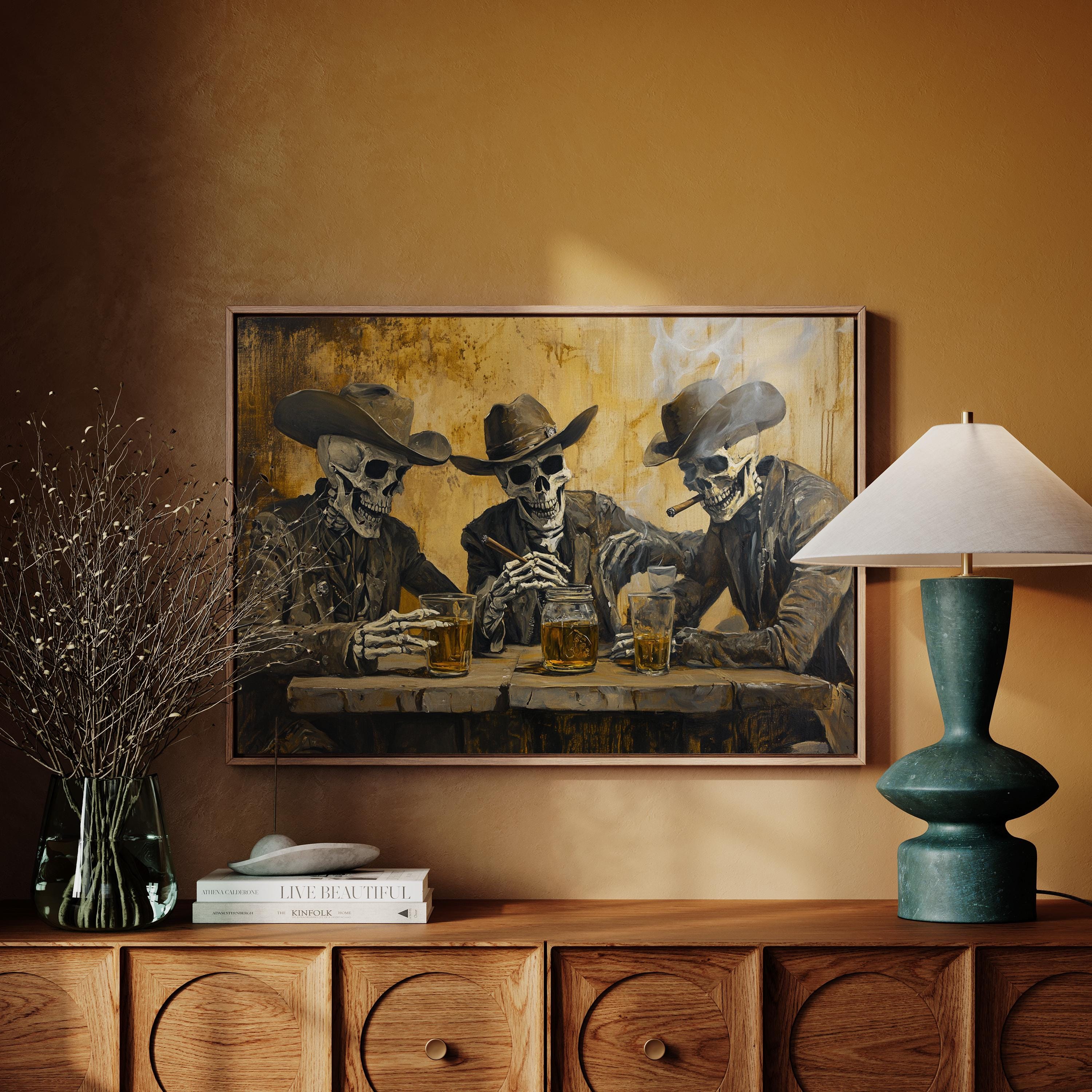 Cowboy Skeletons Bar Art, Whiskey and Cigars Canvas, Western Gothic Decor, Dark Saloon Wall Art, Vintage Skull Painting