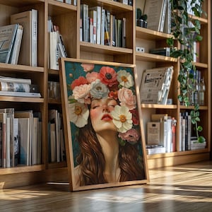 Romantische Blumen Gemälde Leinwand | Weibliches Porträt in Blüte | Vintage Style Ölgemälde Wanddekoration für Schlafzimmer oder Wohnraum