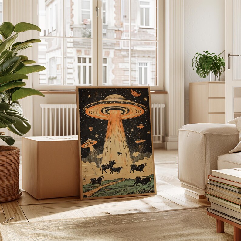 Cow Abduction UFO Wall Art – Retro Alien Poster With Space Cows and ...