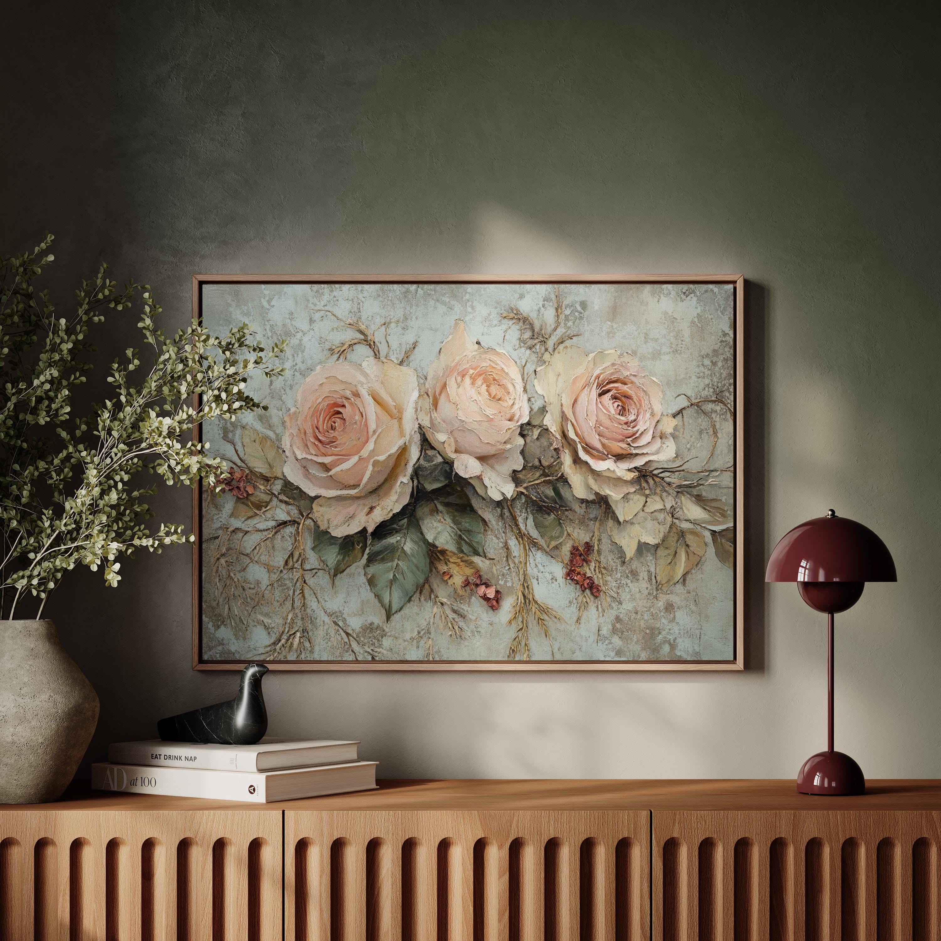 Vintage Pink Rose Canvas Wall Art | Romantic Shabby Chic Floral ...