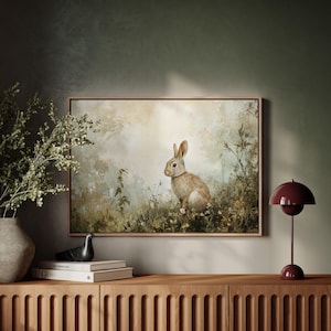 Rustic Bunny Canvas Art, Vintage Rabbit Painting, Woodland Animal Wall Decor, Cottagecore Aesthetic, Farmhouse Nature Artwork