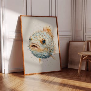 Wunderliche Aquarell Kugelfisch Illustration - Verspielte Ozean Leben Wand Dekoration - Einzigartige Fisch Illustration für Strand oder Nautisches Thema