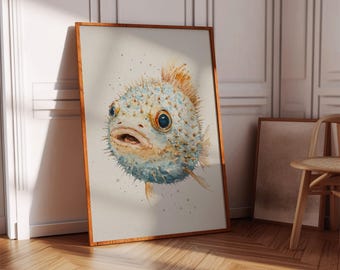 Arte caprichoso de pez globo en acuarela: decoración de pared divertida con vida marina: ilustración única de peces para temática playera o náutica