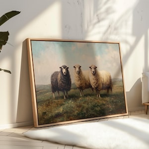 Three Sheep in Pasture – Vintage Oil Painting of Black and White Sheep on Rolling Green Fields Under Soft Blue Sky Farm Animal Wall Art