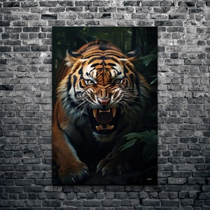 May include: A close-up of a tiger's face with its mouth open, showing its teeth. The tiger is in a dark green jungle setting.