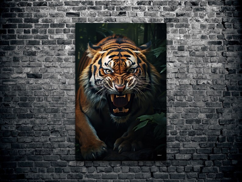 May include: A close-up of a tiger's face with its mouth open, showing its teeth. The tiger is in a dark green jungle setting.