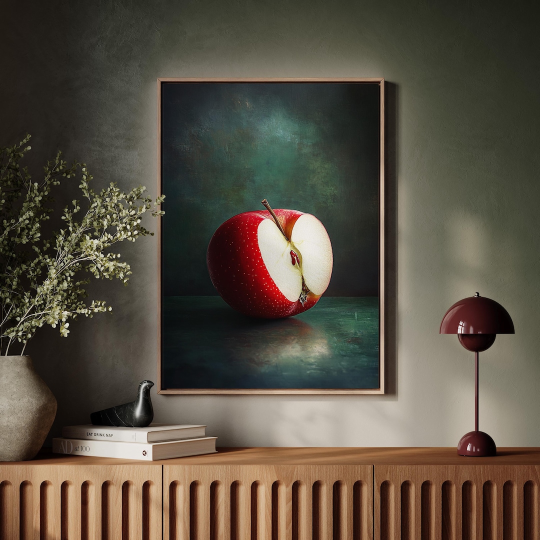 Vintage Red Apple Still Life Canvas – Half Cut Apple Wall Art in Dark ...