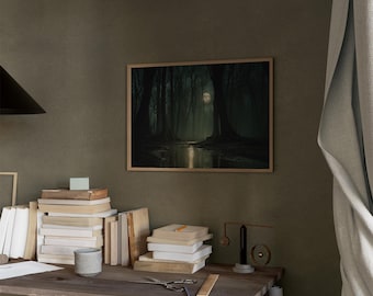 May include: A framed art print depicts a dark, mysterious forest scene with a glowing light in the distance. The artwork is set in a wooden frame and hangs on a dark green wall. The image is a moody, atmospheric piece.
