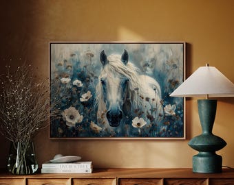 White Horse & Wild Flowers Canvas Wall Art Print, Artwork Gallery Wrap Stretched on Canvas Ready To Hang! Landscape Horse Galloping
