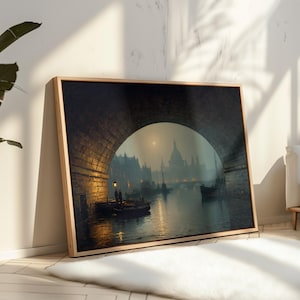 Vintage London Cityscape Under Bridge – Oil Painting of River Thames with Boats, St. Paul’s Cathedral, and Moonlit Night Reflections