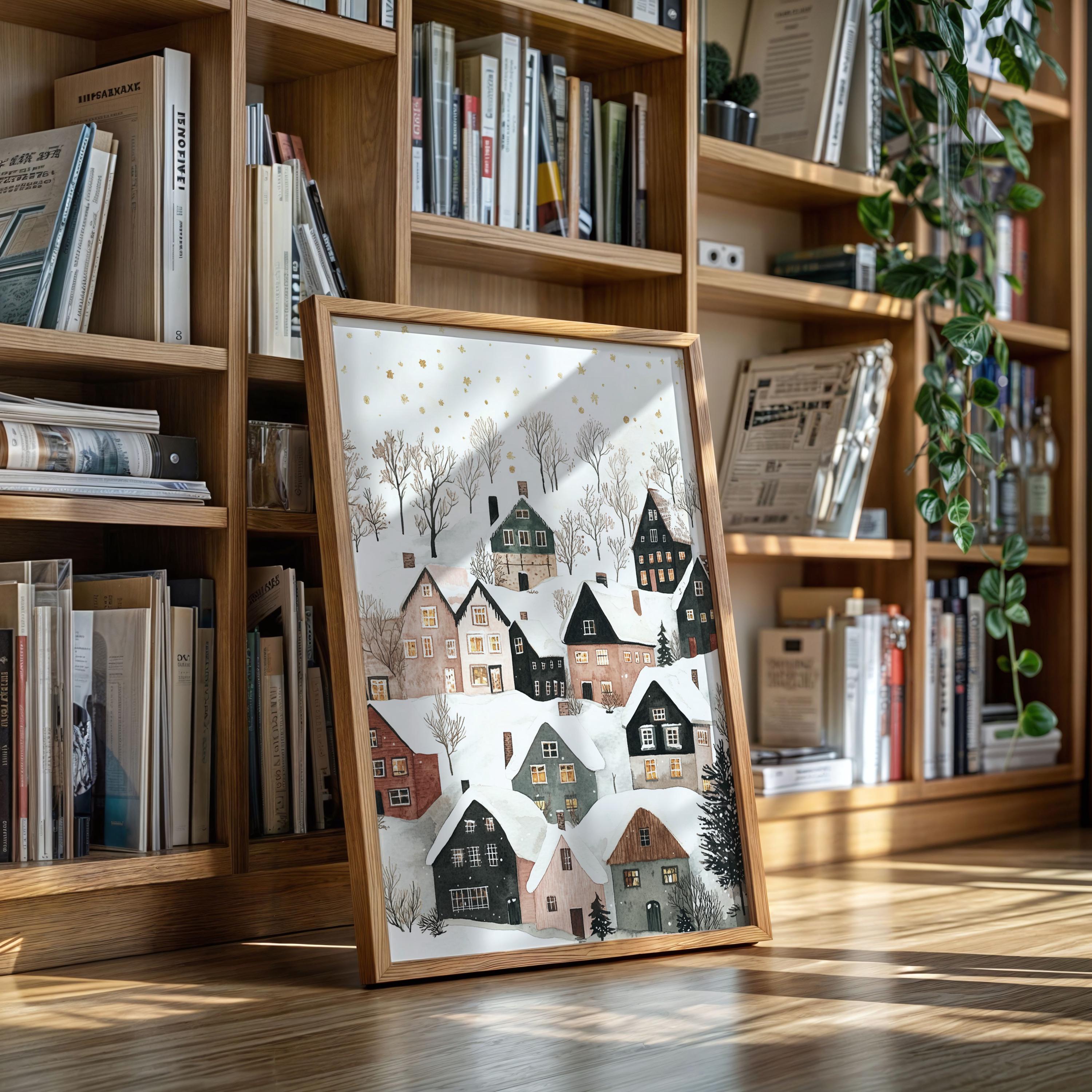 Tableau Déco Noël - Village Enneigé Peinture Sur Toile, Style Vintage, Fait Main Au Royaume-Uni