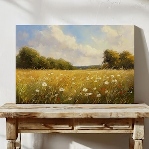 Golden Meadow Canvas Wall Art | Vintage Oil Painting of Wildflowers and Trees Under a Blue Sky | Peaceful Country Landscape Decor
