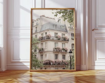 Paris Balcony Canvas Wall Art | Romantic French Architecture Print with Pink Flowers | Parisian Home Décor | Elegant Cityscape Artwork
