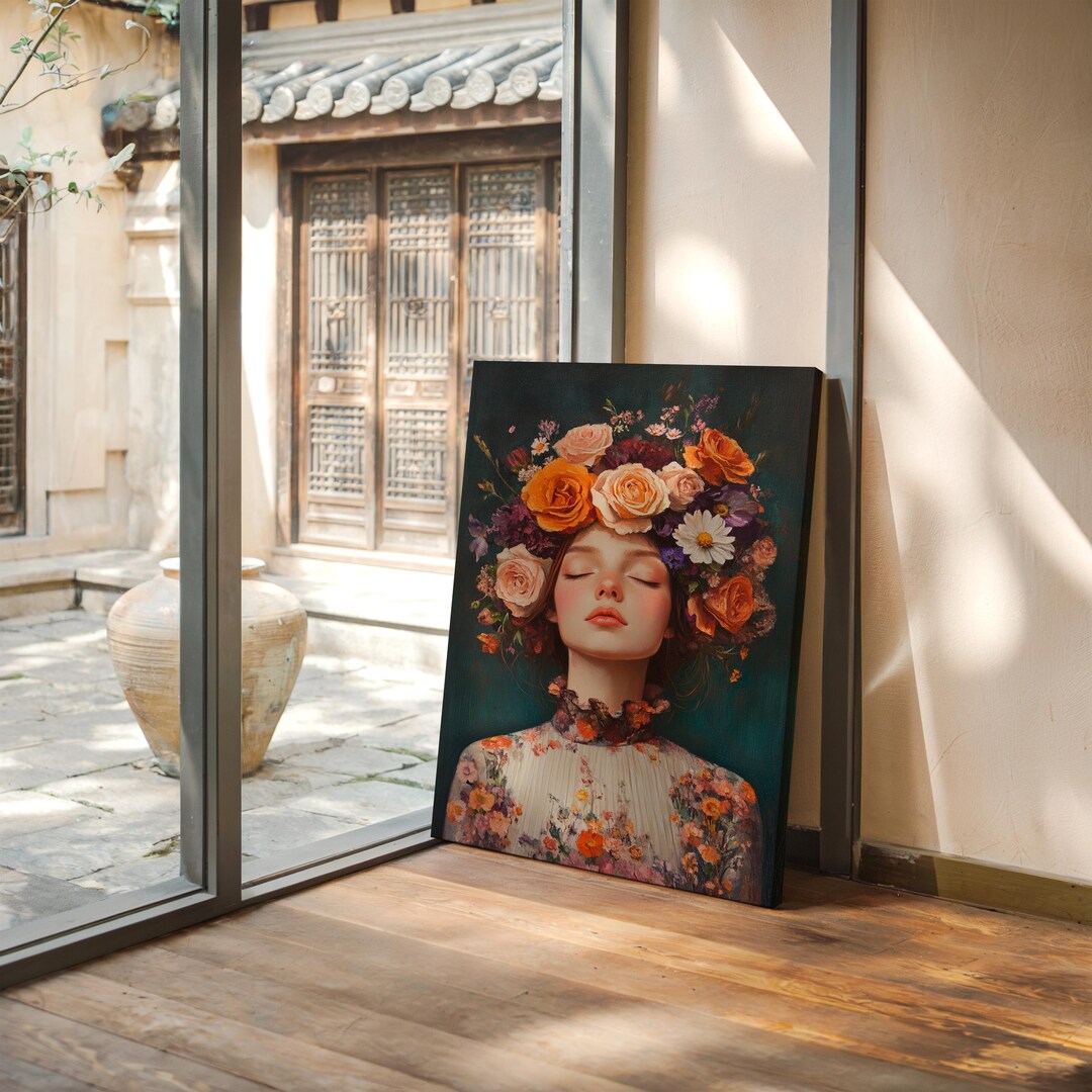 Floral Crown Portrait Canvas Wall Art | Vintage Oil Painting of Woman ...