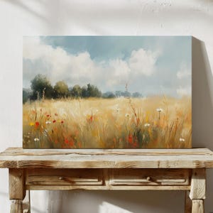 Wildflower Field Canvas Wall Art | Soft Pastel Summer Meadow Painting | Rustic Floral Landscape Print for Farmhouse or Cottage Decor