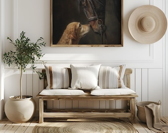 Tableau portrait Golden Retriever et cheval