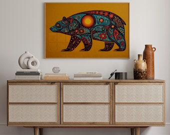 Stammes-Bär-Leinwandkunst - Von Ureinwohnern inspiriertes symbolisches Tiertotem mit Sonne und Mustern, kräftiges Erdton-Indigenes Dekor