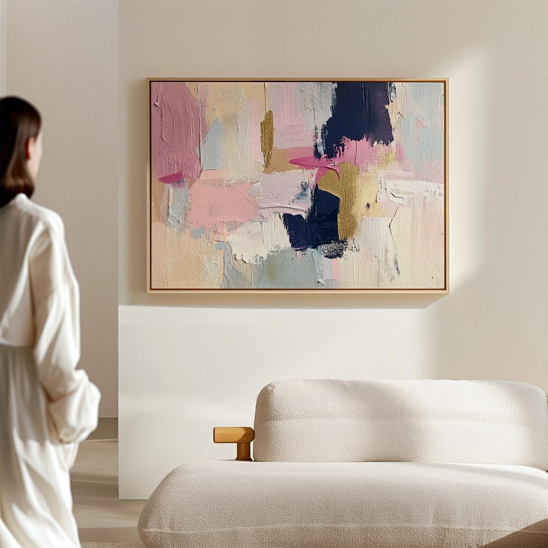 Pastel Abstract Canvas Wall Art - Pink, Navy, and Gold Modern Textured ...