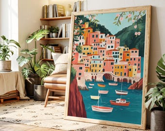 Mediterranean Coastal Town Canvas Wall Art, Colorful Boats & Houses, Italy-Inspired Seaside Village Print, Summer Nautical Wall Decor