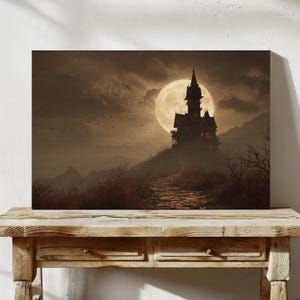 Haunted House with Full Moon Art Print – Spooky Halloween Gothic Wall Decor – Dark Mansion Landscape Illustration with Bats