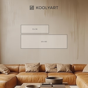May include: Interior design concept featuring a brown leather sectional sofa with throw pillows and a coffee table. Two rectangular art pieces are displayed on the wall, one measuring 12 x 36 inches and the other 20 x 60 inches. The Koolyart logo is visible.