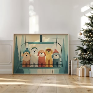 May include: A framed print featuring five cartoon dogs riding a ski lift. The dogs are various colors and wear hats and goggles. The background shows a mountain scene with pine trees. A Christmas tree and wrapped gifts are in the background.