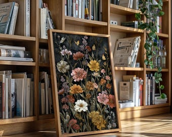 Elegante Wildblumen Leinwand Wandkunst, lebendiger Botanischer Garten Druck mit Schmetterlingen, Cottagecore Blumen Kunstwerk für Wohnzimmer oder Schlafzimmer