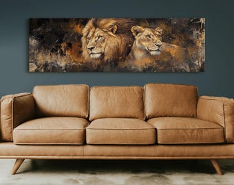 Lion and Lioness Canvas Art, Majestic Big Cat Painting, Abstract Wildlife Wall Art, Safari Animal Print, Bold Jungle Decor