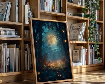 Toile d'art forêt enchantée au clair de lune - lucioles qui brillent sous la pleine lune dans une nuit de rêve décoration murale paysage boisé