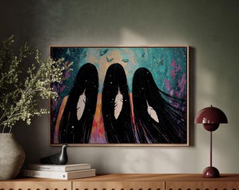 Three Indigenous Women with Feathers Canvas – Spiritual Tribal Art, Native Sisterhood Painting, Mystical Butterfly Sky, Cultural Unity Print