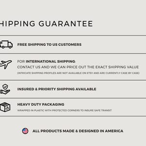 May include: A graphic with the text "SHIPPING GUARANTEE" and icons representing shipping options. Includes "FREE SHIPPING TO US CUSTOMERS," "FOR INTERNATIONAL SHIPPING," "INSURED & PRIORITY SHIPPING AVAILABLE," and "HEAVY DUTY PACKAGING." The text "ALL PRODUCTS MADE & DESIGNED IN AMERICA" is also present.