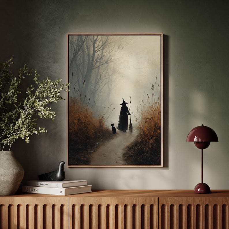 Mystical witch and black cat canvas art set in a foggy forest, perfect for Halloween, gothic, or witchy home décor. Enchanting wall art featuring broomstick and eerie atmosphere, ideal for lovers of fantasy and dark aesthetic interiors.