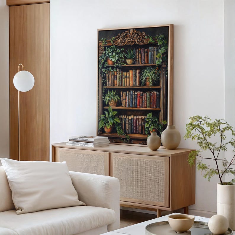 Vintage Bookshelf Canvas Wall Art - Antique Books and Lush Greenery for ...