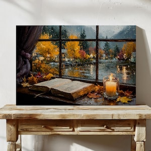 Cozy Autumn Rain Scene | Warm Fall Wall Art with Candle, Book, and Rainy Window
