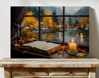 Gezellige herfstregenscène | Warme herfstmuurkunst met kaars, boek en regenvenster