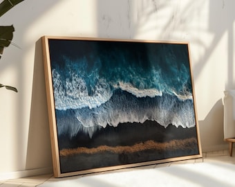 Lienzo de pared con olas del océano, fotografía de playa de arena negra espectacular, decoración costera para salas de estar y dormitorios modernos.