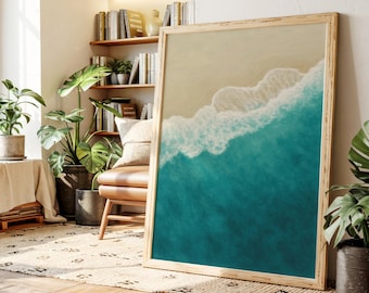 Minimalist Ocean Wave Canvas Art with Aerial View of Teal Sea and Sandy Beach in Soft Pastel Tones for Modern Coastal Decor