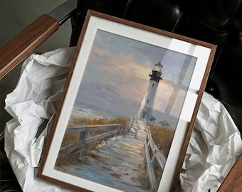Coastal Lighthouse Canvas Wall Art | Nautical Beach Path Painting | Seaside Lighthouse Artwork | Coastal Cottage Wall Decor