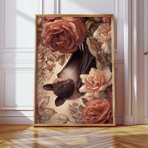 Bat and Roses Art Print, Gothic Floral Wall Decor, Romantic Nocturnal Animal Painting, Dark Cottagecore Nature Illustration
