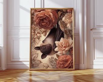 Vleermuis en rozen kunstprint, gotische bloemen muurdecoratie, romantische nachtdieren schilderij, donkere cottagecore natuurillustratie