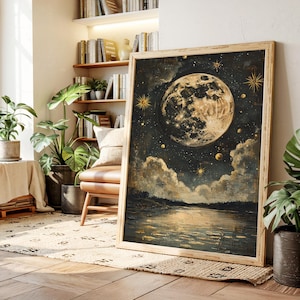 Himmlische Vollmond-Reflexions-Leinwand, verträumter Nachthimmel über Wasser, goldene Sterne und Wolken, mystische Astronomie-Wand-Kunst-Druck