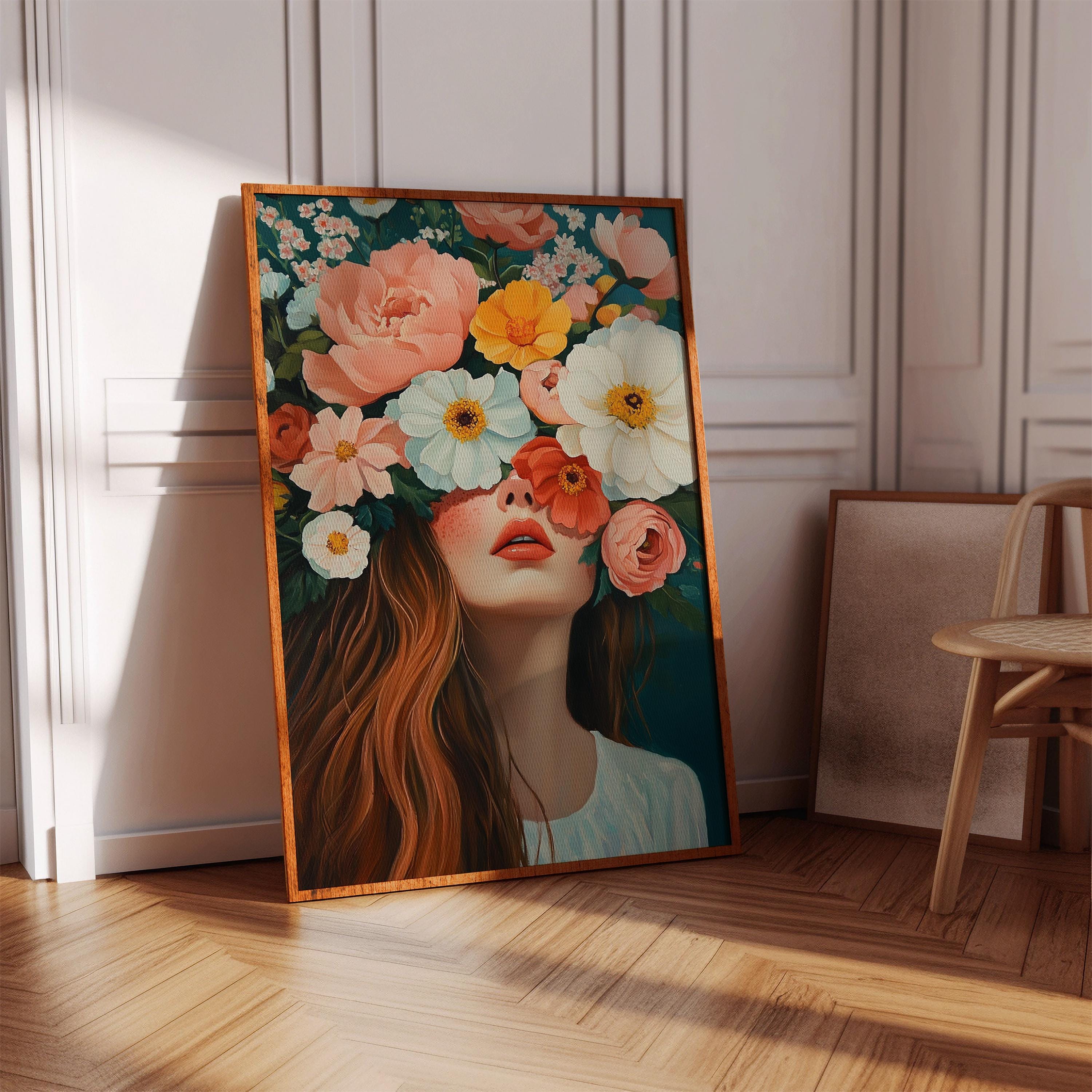 Colorful Floral Crown Canvas Wall Art | Feminine Portrait With Bold ...