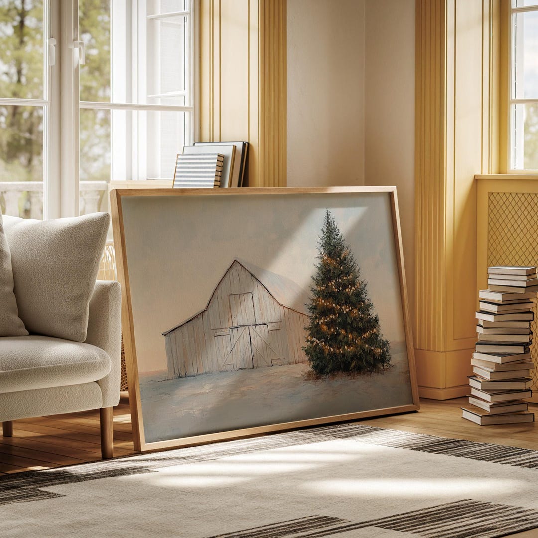 Rustic White Barn With Christmas Tree – Winter Farmhouse Holiday Scene ...