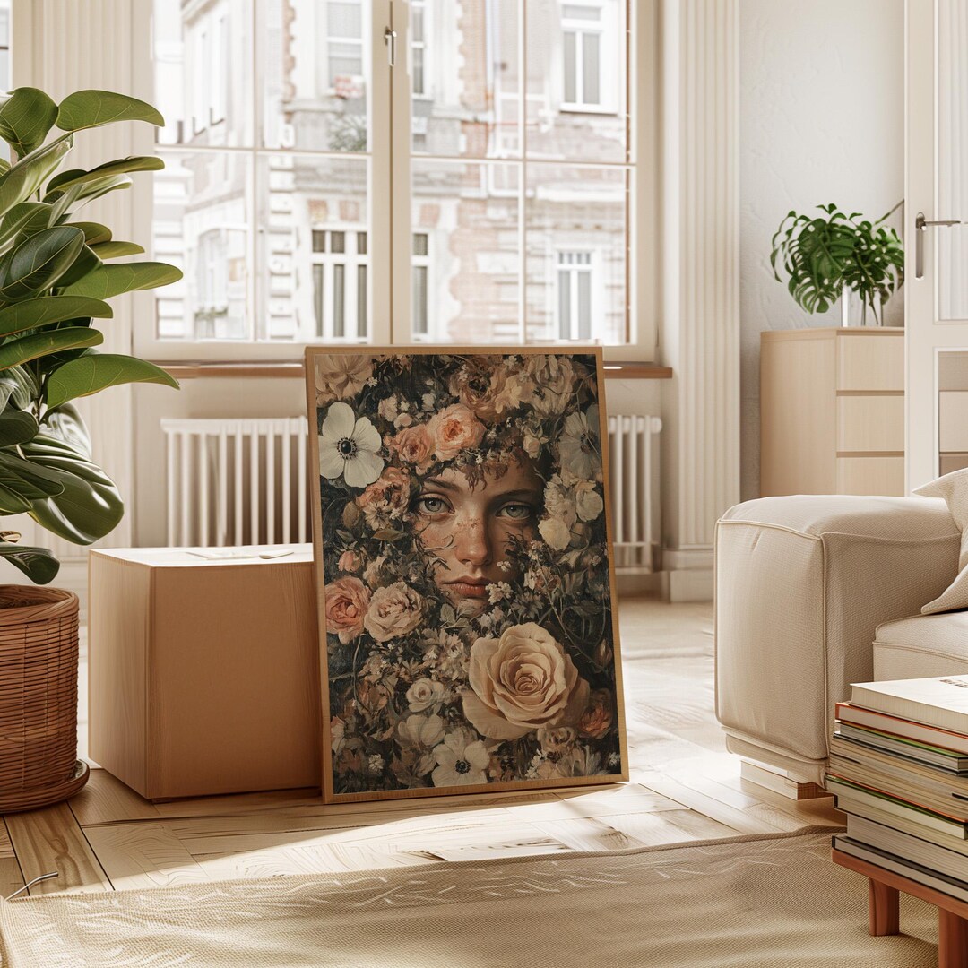 Floral Face Woman Canvas Wall Art | Surreal Rose Garden Portrait Print ...