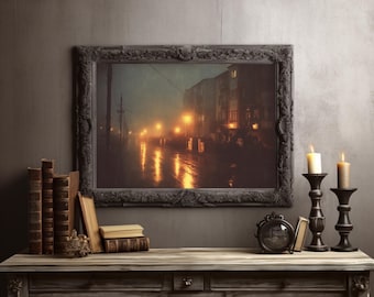 Moody Rainy Street at Night With Warm Glowing Lights