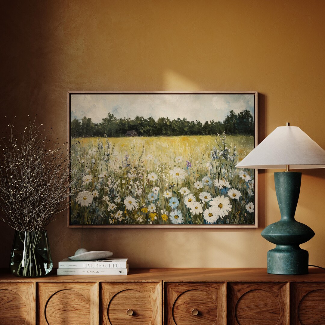 Wildflower Meadow Canvas Art, Rustic Country Landscape Print, Vintage ...