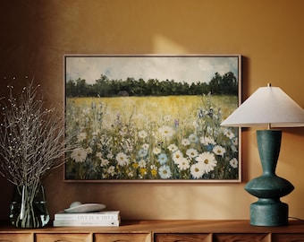 Wildflower Meadow Canvas Art, Rustic Country Landscape Print, Vintage Cottagecore Farmhouse Wall Decor, Floral Field Painting