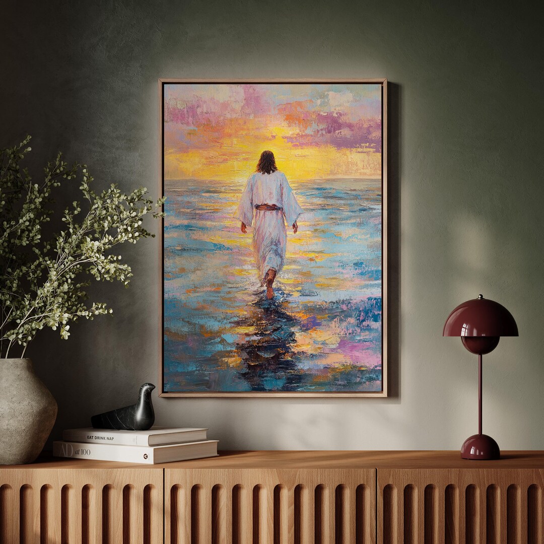 Jesus Walking on Water Art - Vibrant Sunset Christian Canvas, Faith and ...
